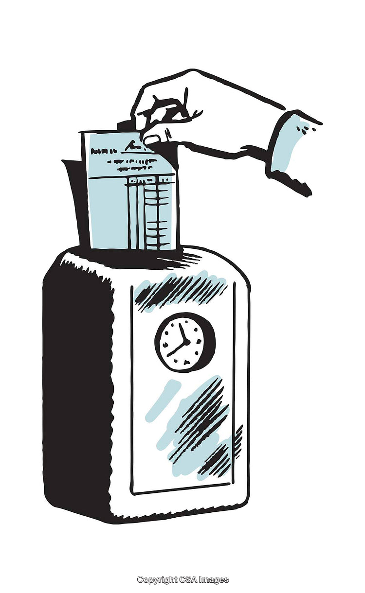 Illustration of Hand Using Time Card Machine for Work Attendance