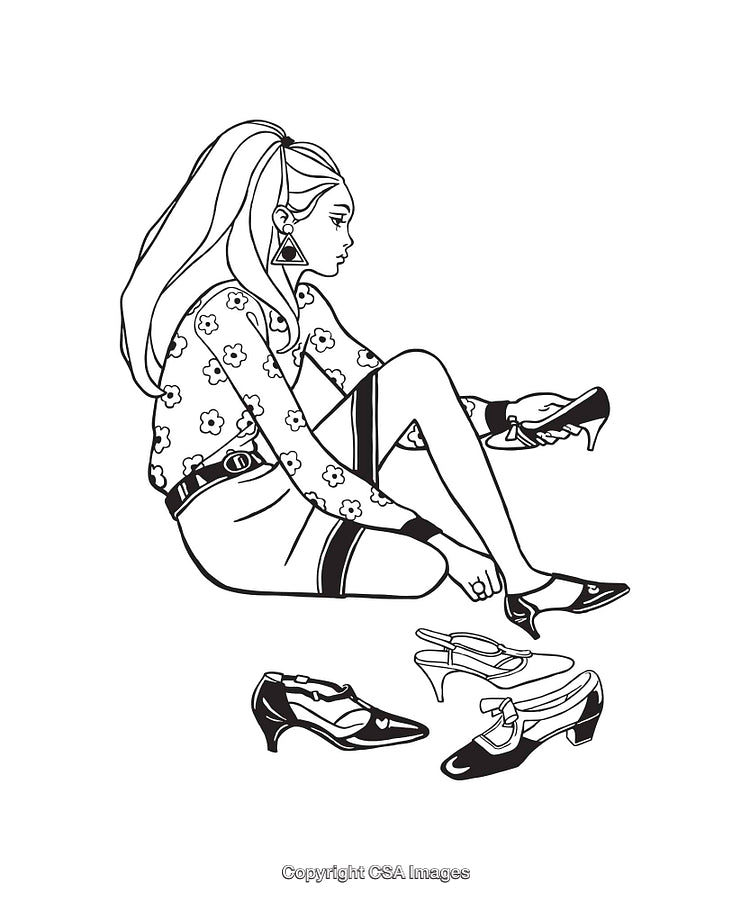 Stylish Line Art Illustration of Woman Choosing Shoes