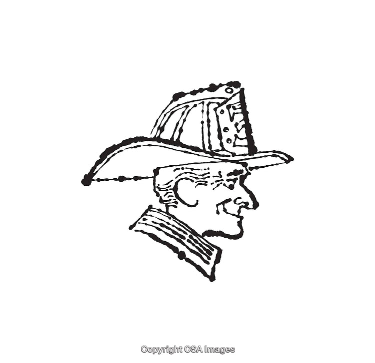 Vintage Black and White Illustration of a Firefighter in Traditional Helmet