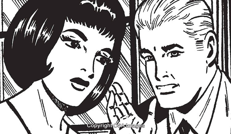 Retro Pop Art Illustration of a Man Sharing a Secret With a Woman