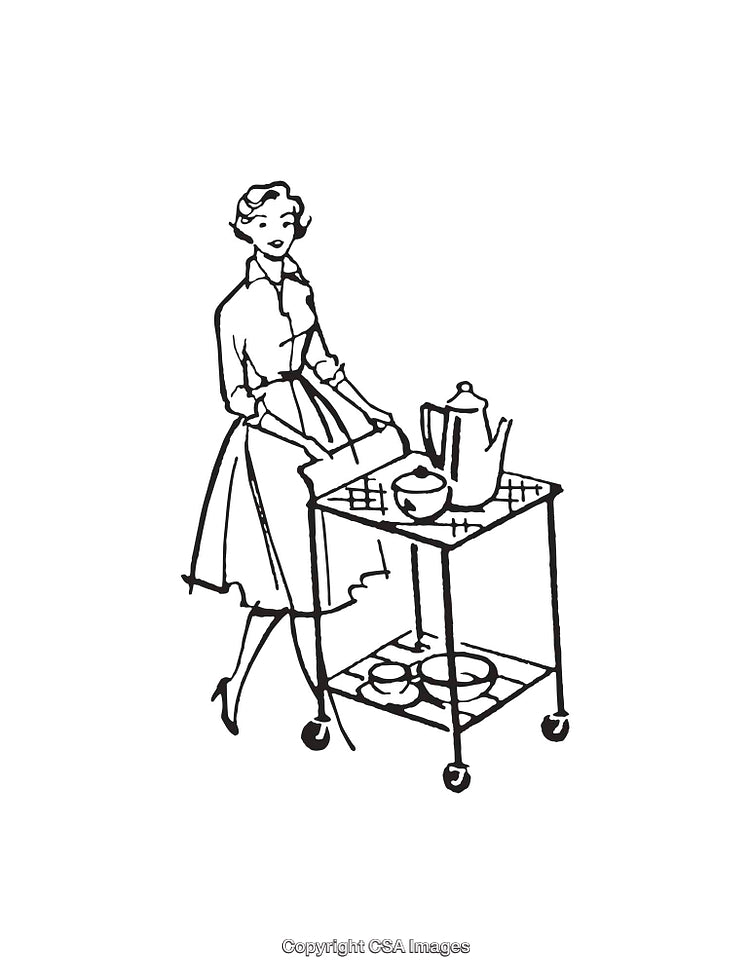 Vintage Line Art Illustration of a Woman Serving Tea on a Cart