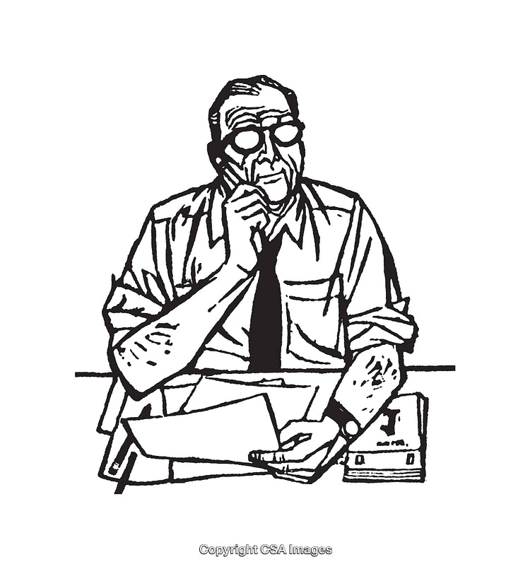 Black and White Line Art Illustration of a Contemplative Professional