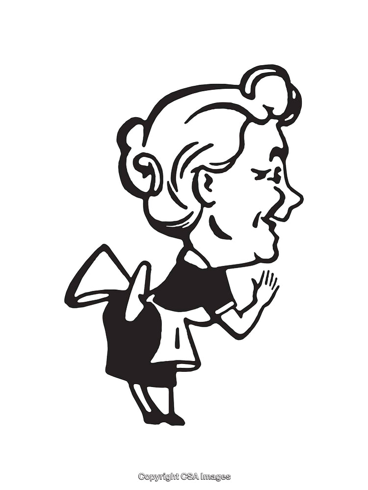 Vintage Line Art of Laughing Elderly Woman in Apron