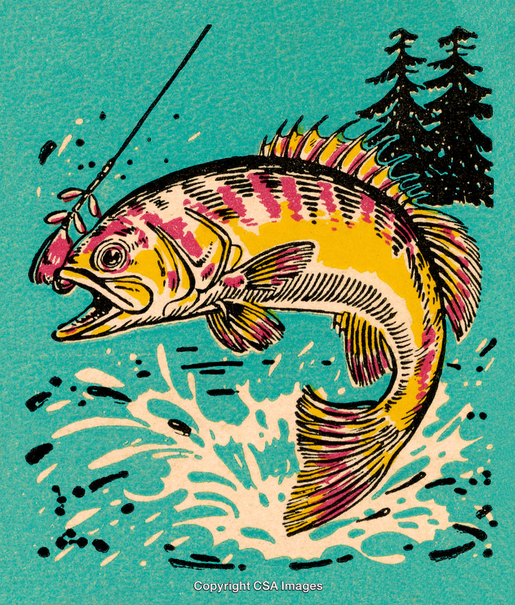 Vintage Illustration of a Jumping Fish with Splashing Water and Trees