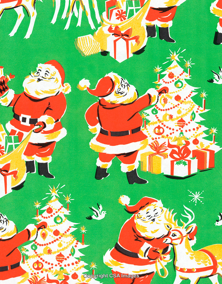 Festive Santa Claus Illustration with Christmas Trees and Presents on Green Background