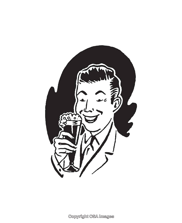 Retro Style Black and White Line Art of a Smiling Man With Beverage