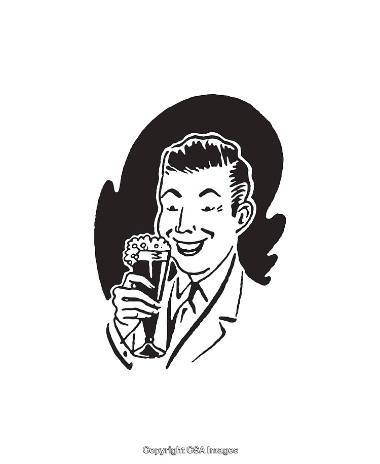 Retro Style Black and White Line Art of a Smiling Man With Beverage