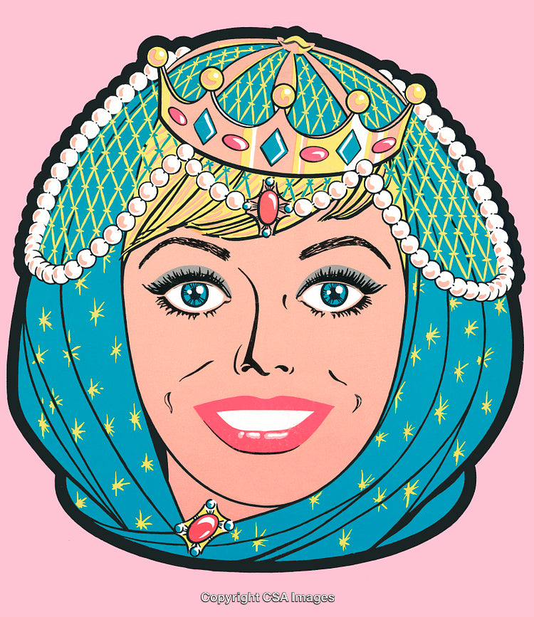Pop Art Style Illustration of Smiling Queen with Regal Headwear on Pink Background