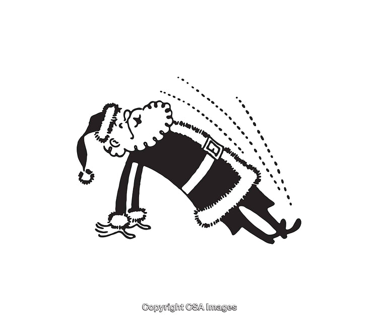 Whimsical Santa Performing Pushups in Black and White Line Art
