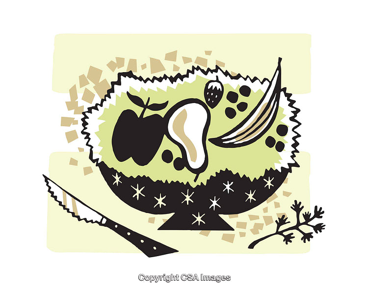 Colorful Illustration of a Fruit Bowl with Bananas and Pear