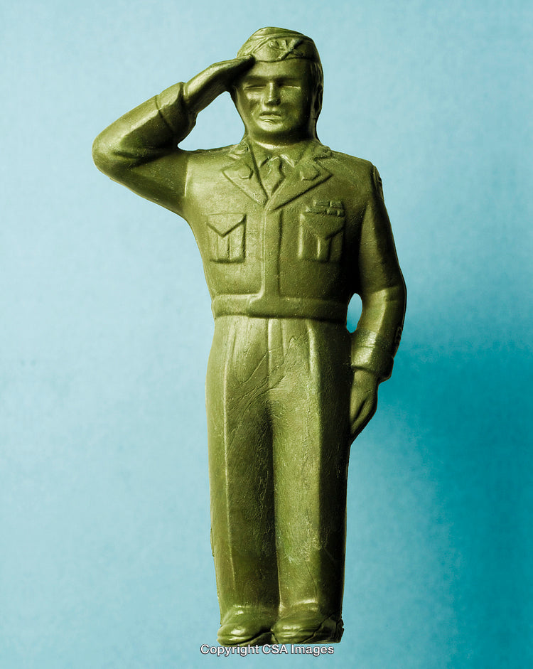 Green Plastic Toy Soldier Saluting, Displayed Against Light Blue Background