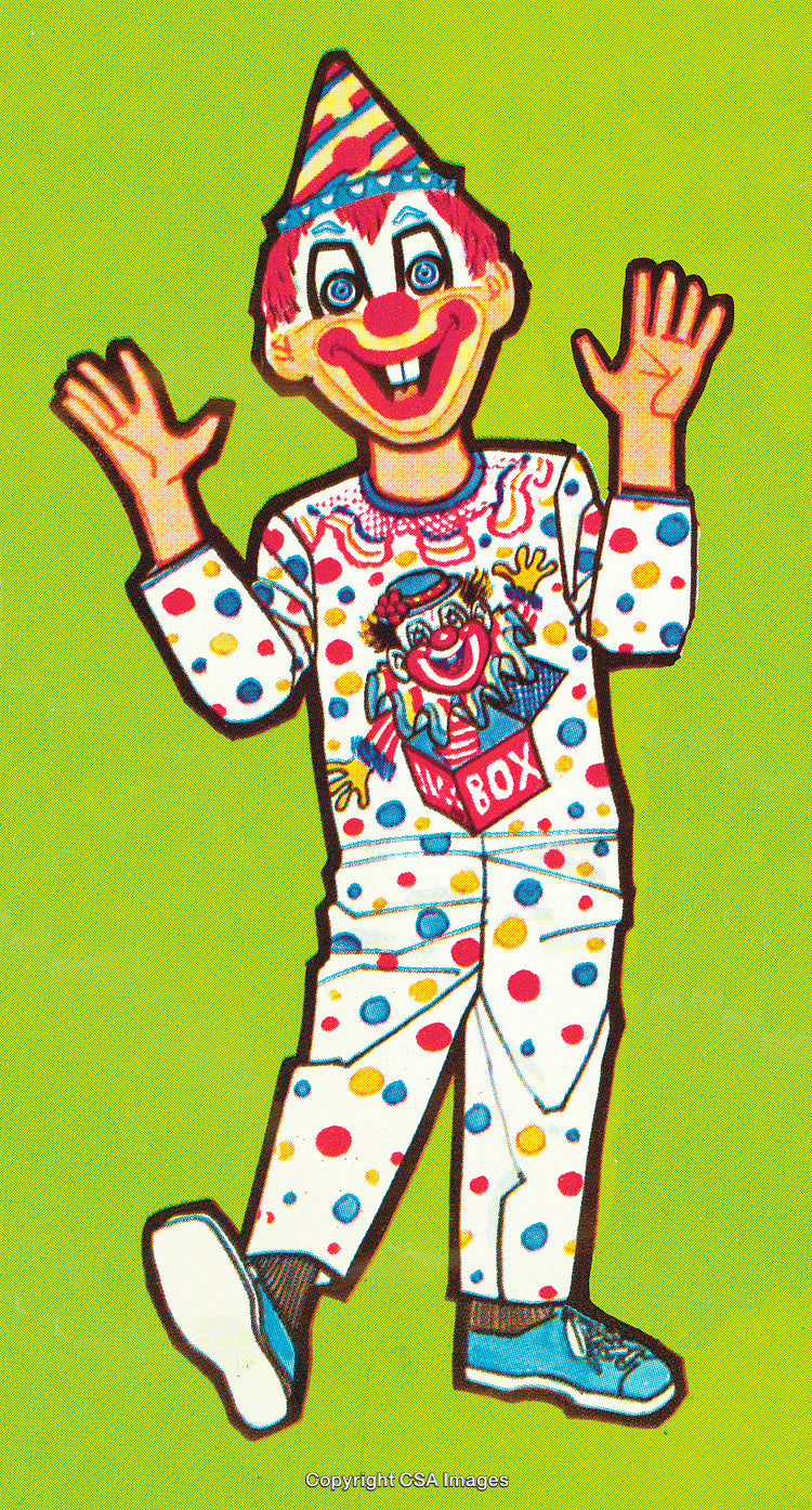 Cheerful Cartoon Clown in Colorful Costume on Bright Background