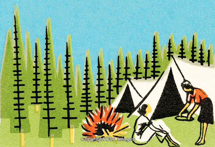Vintage Illustration of Campers in a Forest Setting With Tents and Bonfire