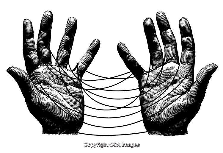 Intricate Black and White Engraving of Two Hands Connected with Strings