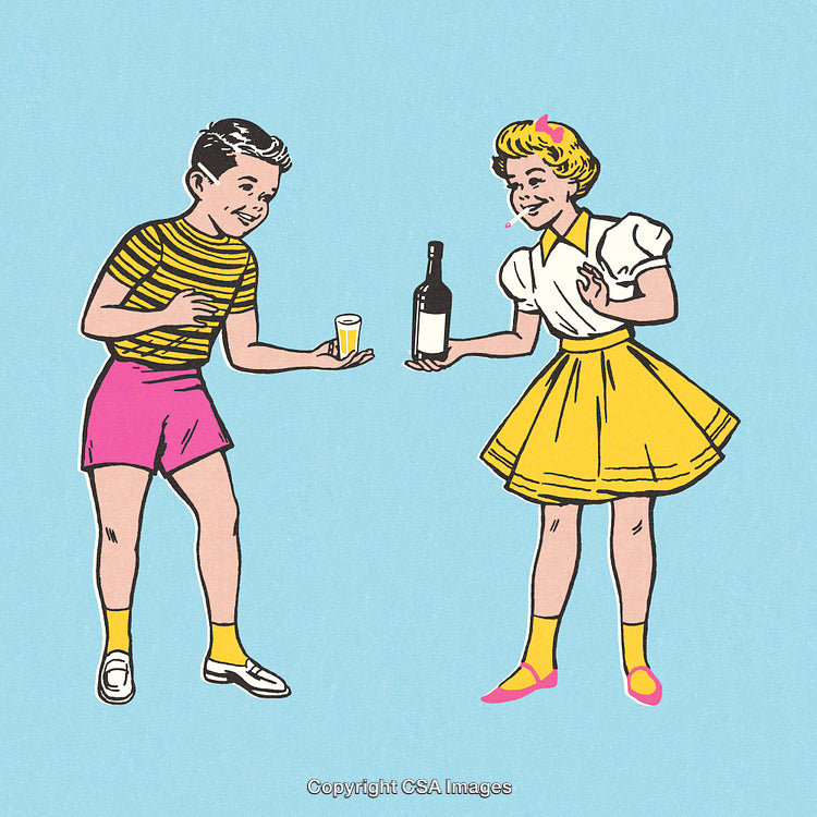 Retro Cartoon Style Illustration of Two Kids Sharing a Drink