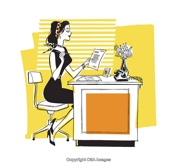Stylized Woman Working at Desk with Papers and Vase of Flowers