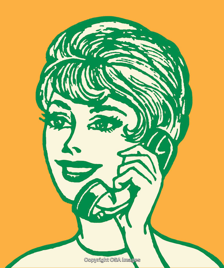 Vintage Line Art Illustration of a Smiling Woman on the Telephone