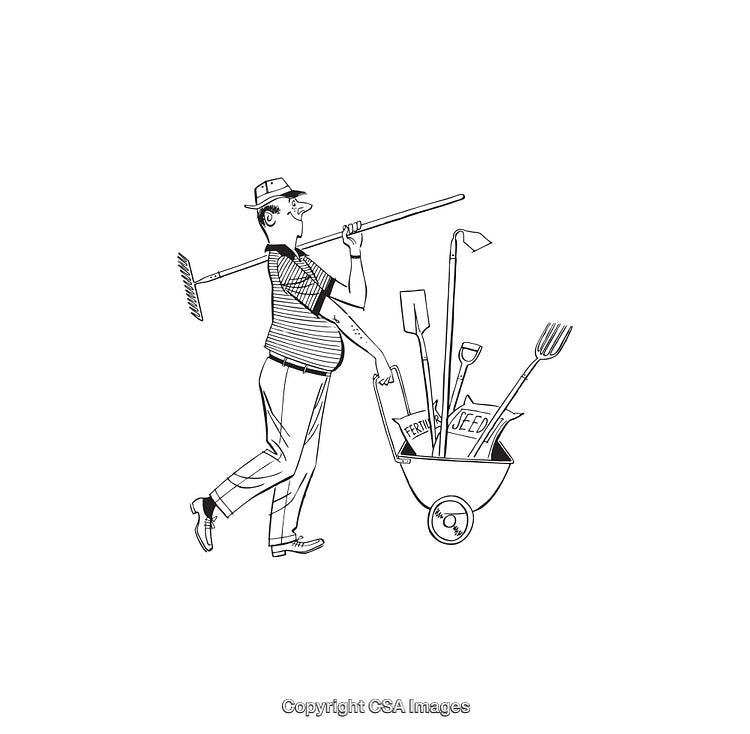 Black and White Illustration of a Man with Gardening Tools in Wheelbarrow