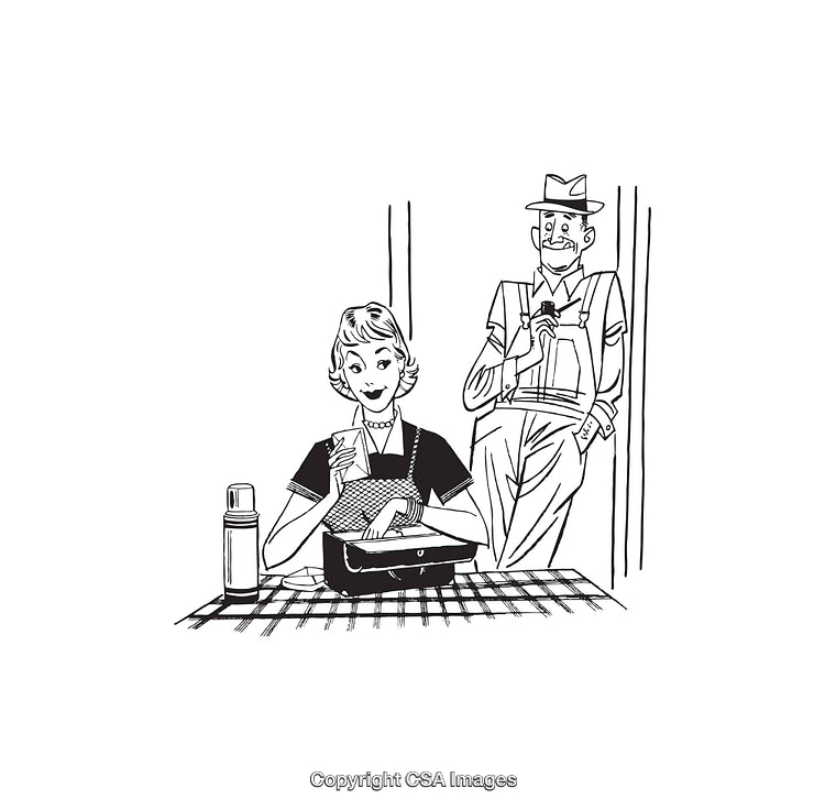 Vintage Black and White Line Art of a Man and Woman at Lunch