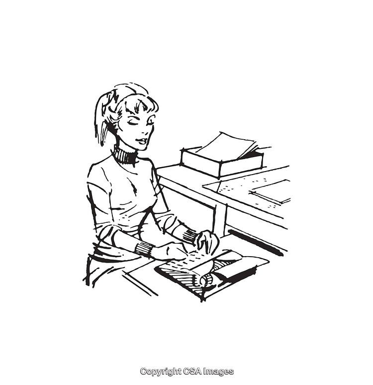 Vintage Line Art of a Lady Working at a Desk in Black and White