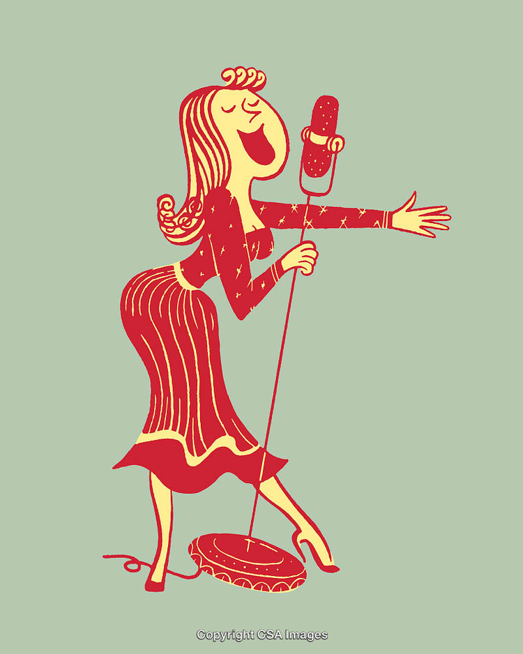 Retro Style Illustration of a Female Singer Performing with Microphone