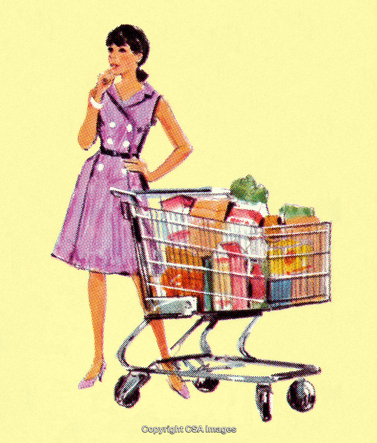 Retro Illustration of Woman with Grocery Cart Full of Shopping Items