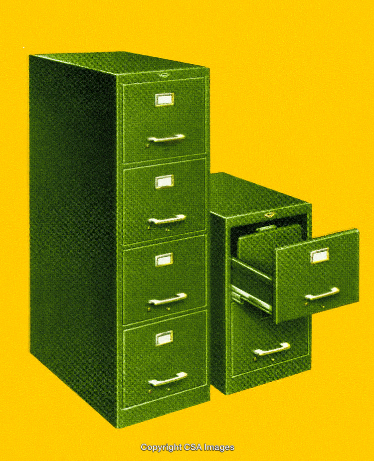 Green Metal Filing Cabinets Against a Solid Bright Yellow Background