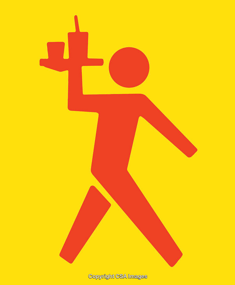 Abstract Red Waiter Figure with Drinks on Yellow Background