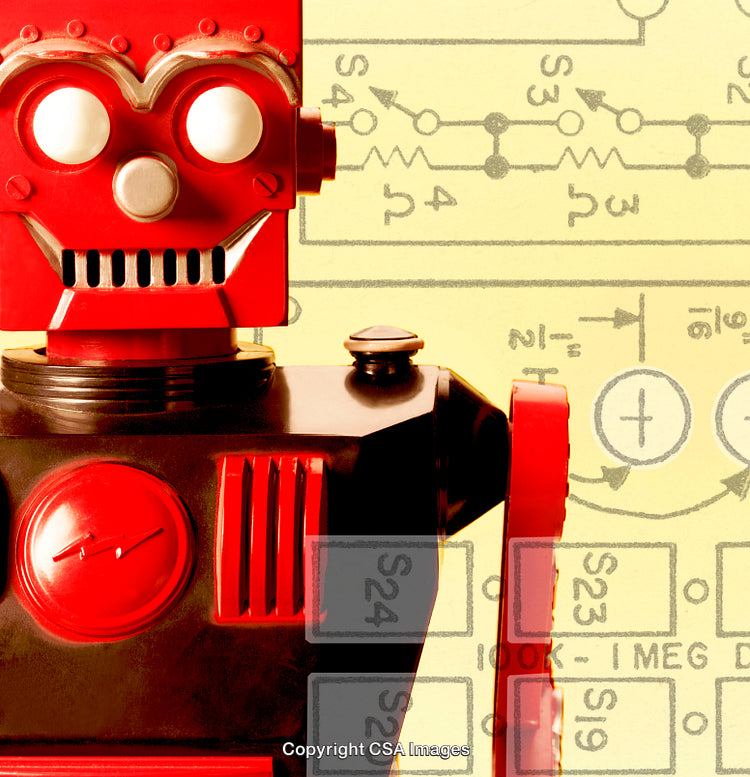 Retro Robot Toy with Circuit Diagram Styled Background in Vibrant Colors