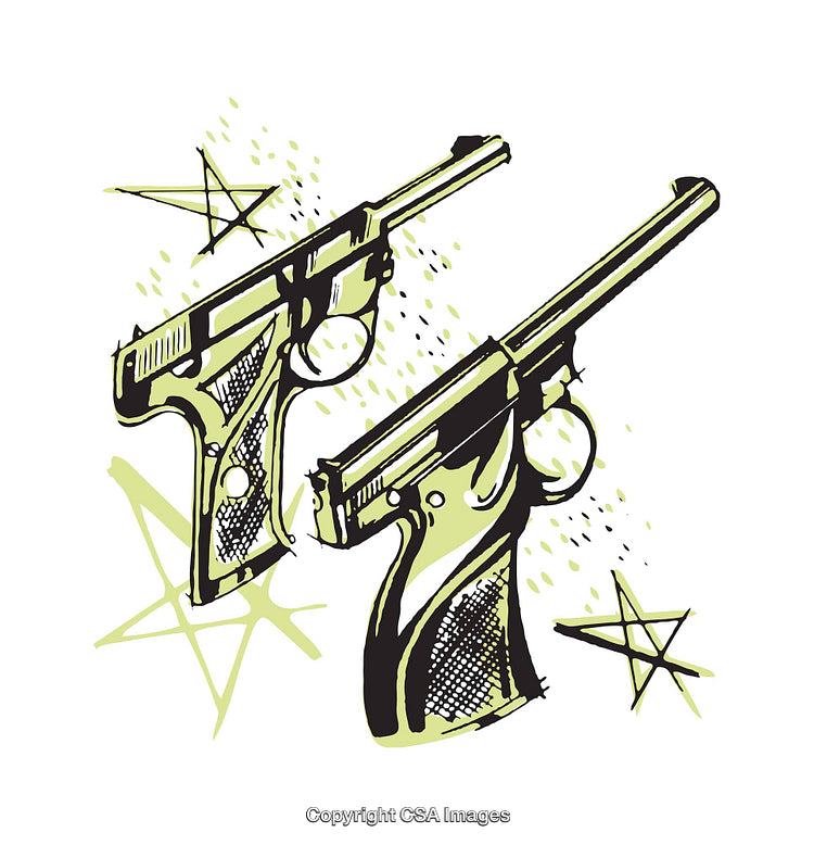 Stylish Illustration of Vintage Pistols with Artistic Details and Stars