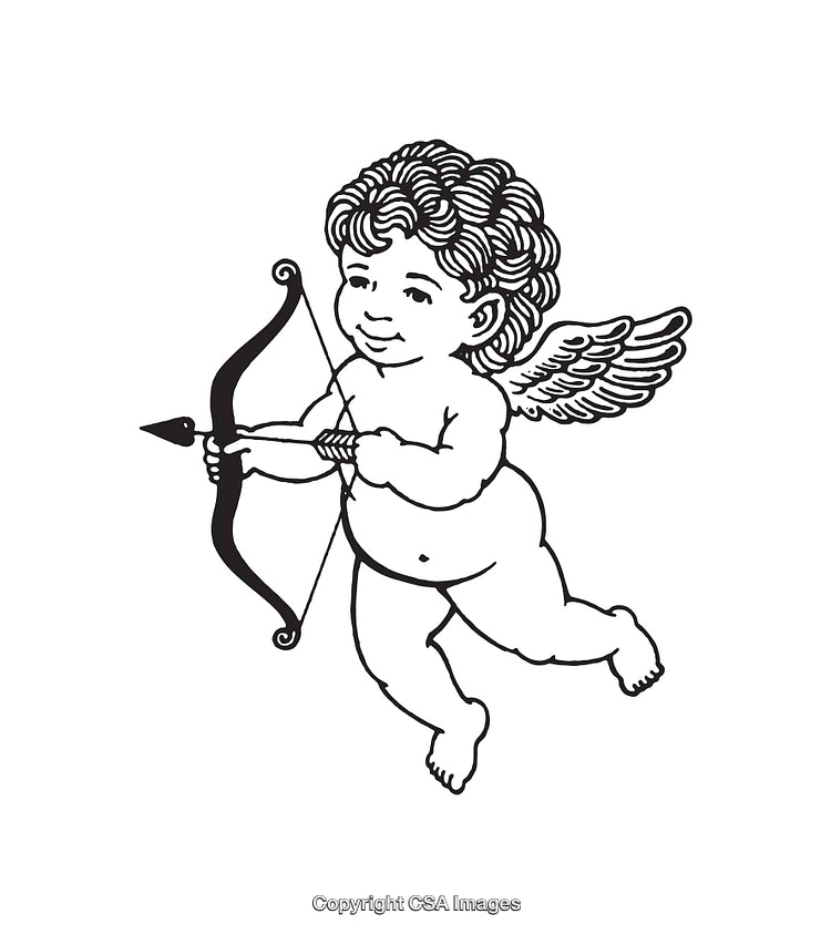 Black and White Line Art Illustration of Cupid with Bow and Arrow