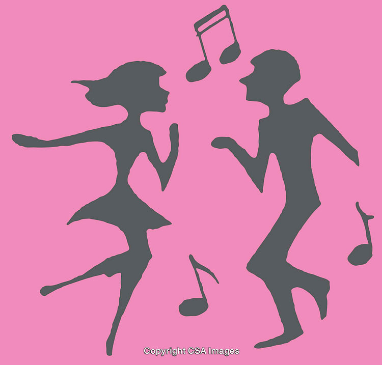 Silhouettes of Dancing People with Musical Notes on Pink Background