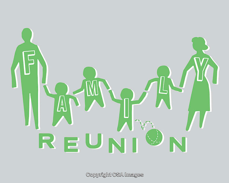 Stylized Illustration of a Family Reunion in Green and Gray