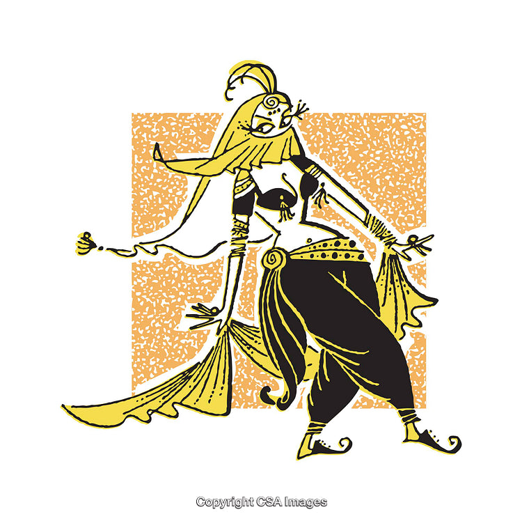 Stylized Illustration of a Woman in Belly Dance Attire and Vibrant Colors