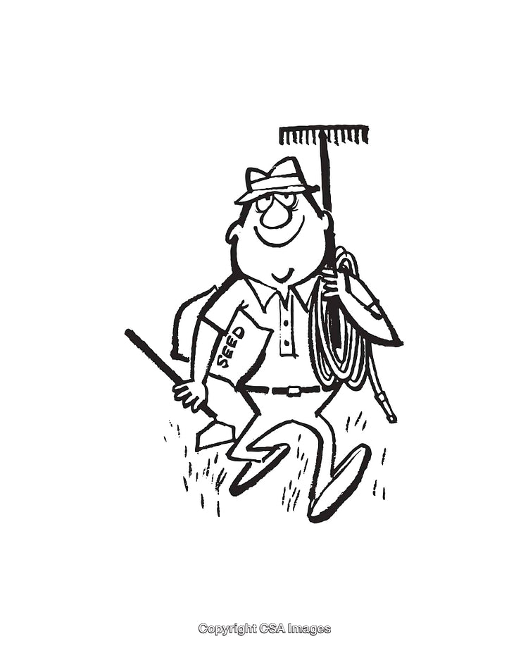 Line Art of Cheerful Gardener with Tools and Seeds