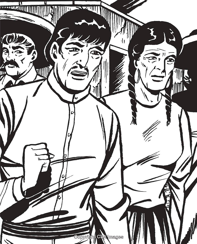 Illustration Depicting Concerned Individuals in Vintage Western Setting
