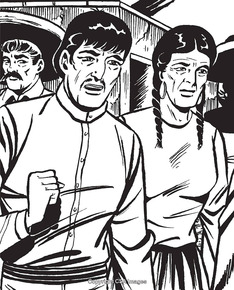 Illustration Depicting Concerned Individuals in Vintage Western Setting