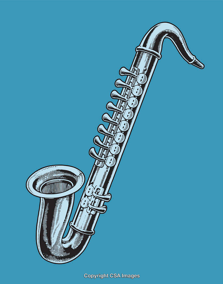 Detailed Line Art Illustration of a Saxophone on Blue Background