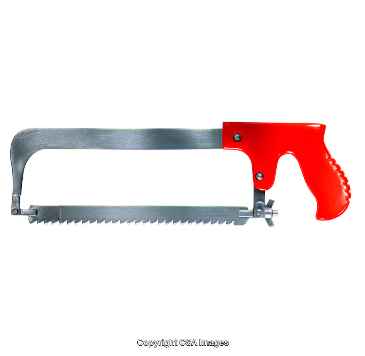 Close-Up of a Butcher Saw with Bright Red Handle and Steel Frame