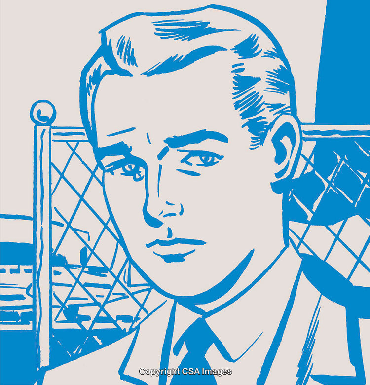 Retro Style Illustration of a Businessman in Blue Tones with a Thoughtful Expression