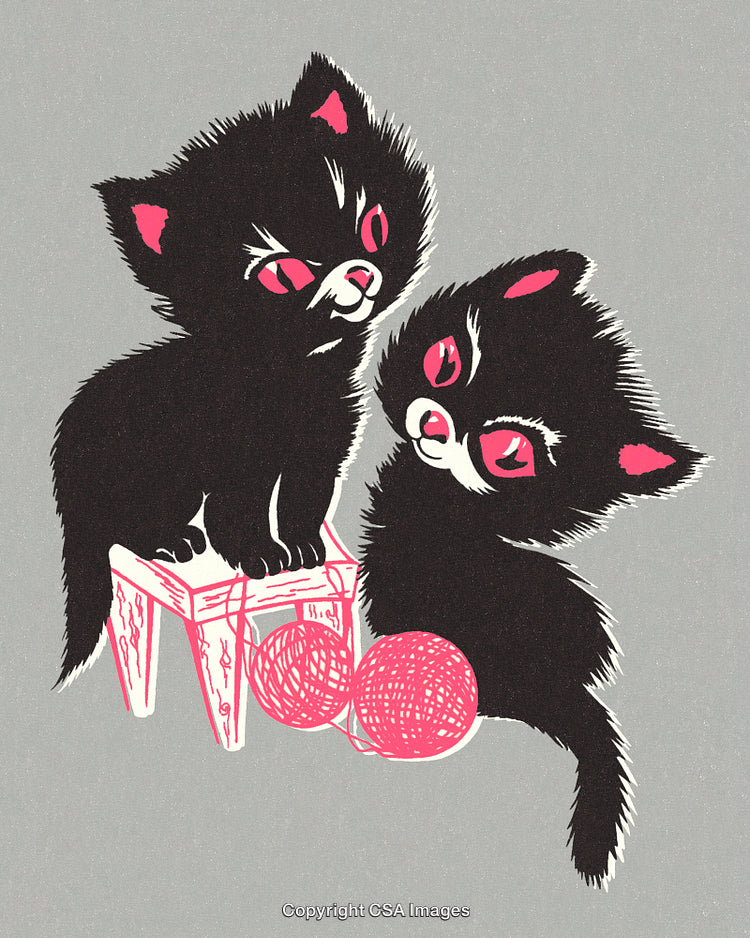 Illustration of Two Playful Black Kittens Playing With Red Yarn Balls