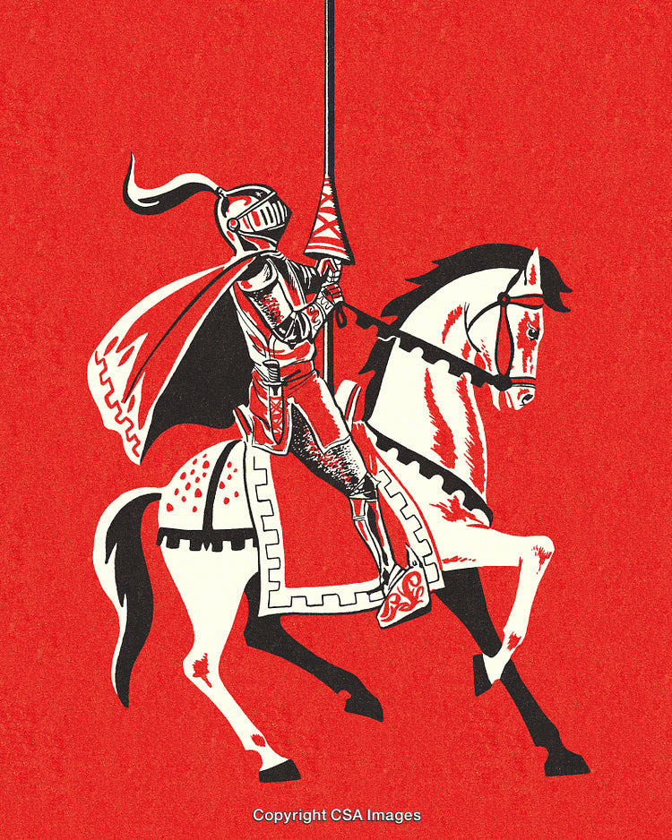 Knight in Shining Armor Riding a Decorated Horse on Red Background