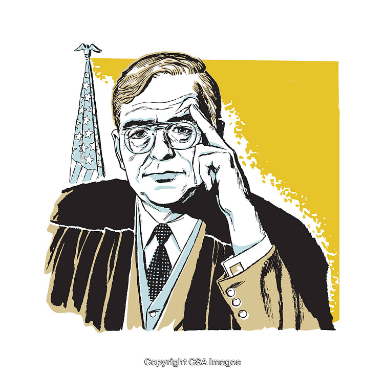 Colorful Illustration of a Judge in Robes with US Flag Background