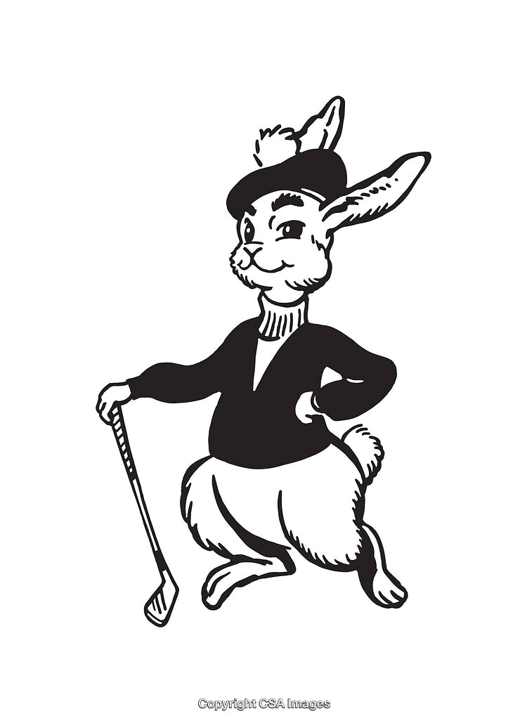 Charming Rabbit Golfer in Classic Black-and-White Line Art Illustration