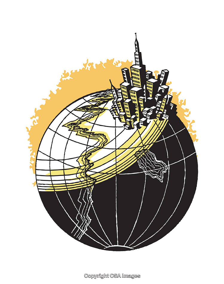 Urban Cityscape on Globe Illustration With Abstract Yellow Designs