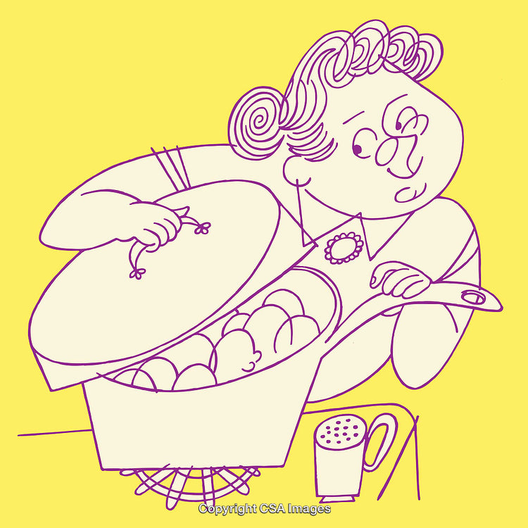 Colorful Line Art of a Woman Cooking in a Vibrant Kitchen Setting