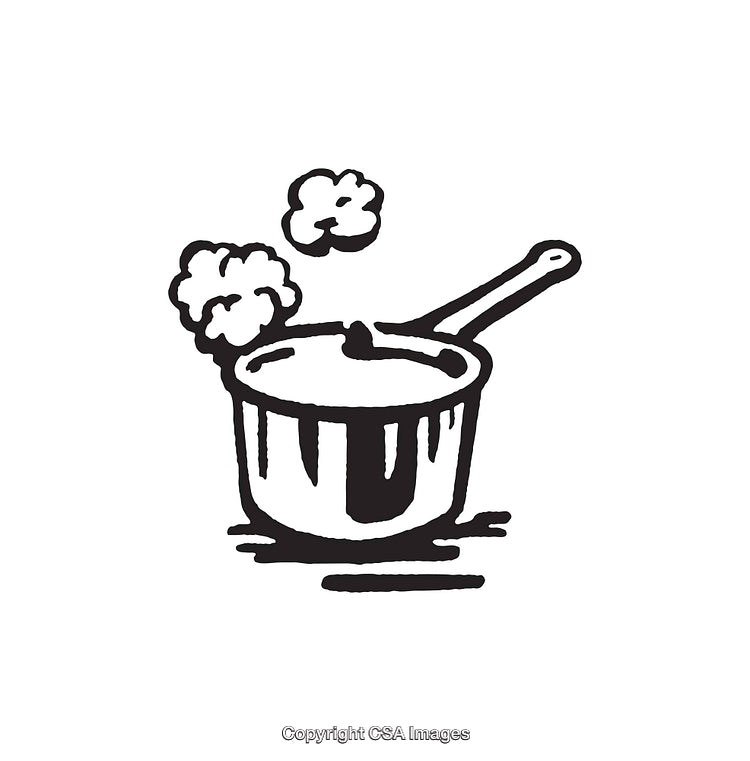 Black and White Line Art of a Cooking Pot with Steam