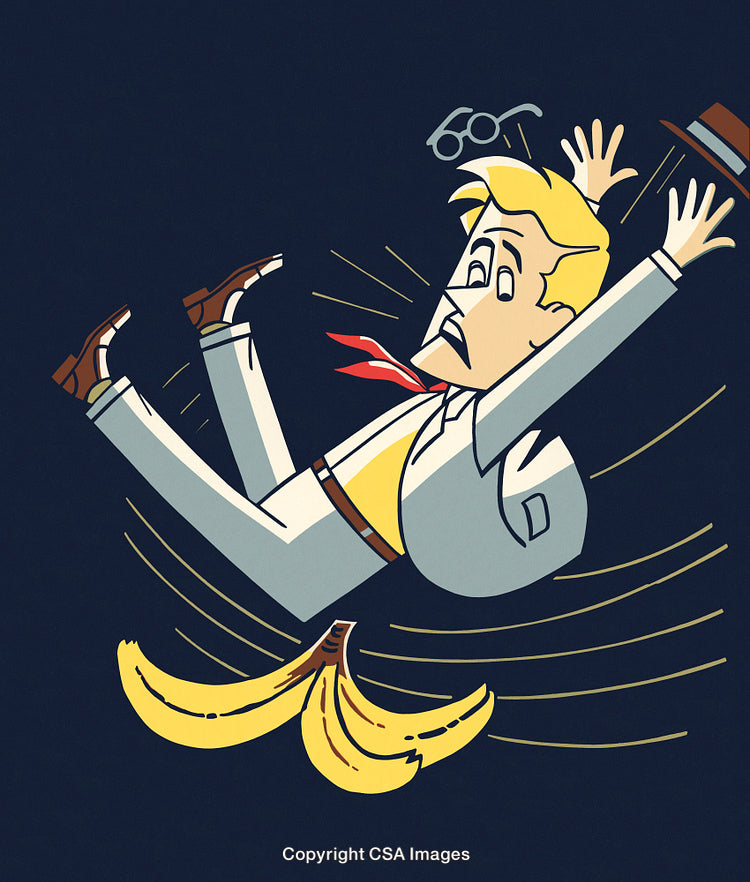Cartoon Businessman Slipping on a Banana Peel in Humorous Accident Illustration