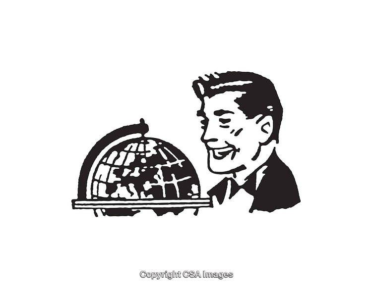Black and White Illustration of a Man Viewing a Rotating Globe