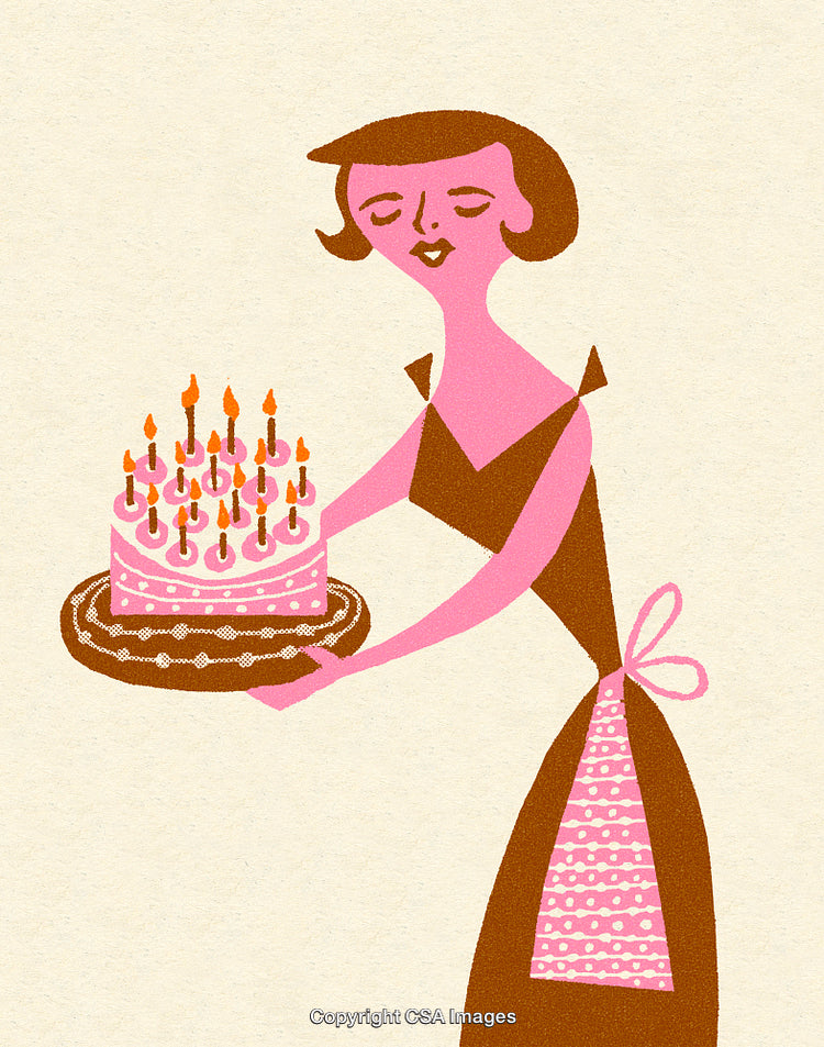 Vintage Illustration of Woman Holding Birthday Cake with Lit Candles